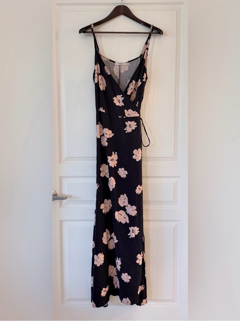JustFab Black Maxi Wrap Dress with Blush Floral Print